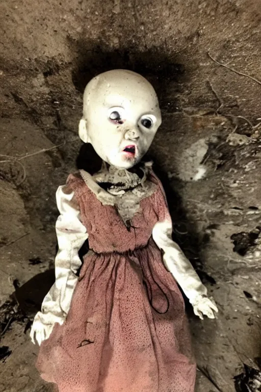 Prompt: creepy dirty cracked vintage doll in darkly lit dusty basement cobwebs blair witch style photo