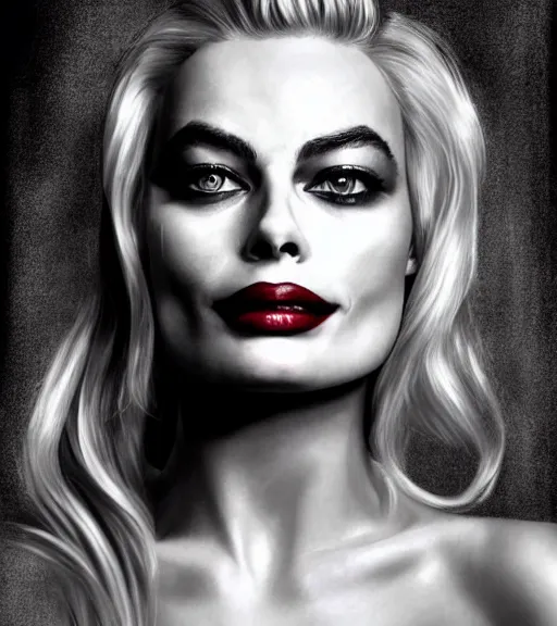 Prompt: beautiful margot robbie portrait with joker makeup with faded outline, in the style of den yakovlev,, black and white realism drawing, hyper realistic, highly detailed