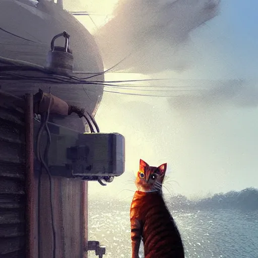 Image similar to fisherman cat, cat fishing from boat, digital art by Greg rutkowski