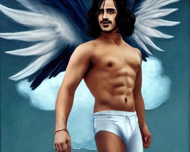 Prompt: angel avan jogia with white-gray wings. shirtless and sweatpants. Floating above frozen landscape. Smooth brown skin. Long black hair. Distant full body shot. Artwork by Alex Ross