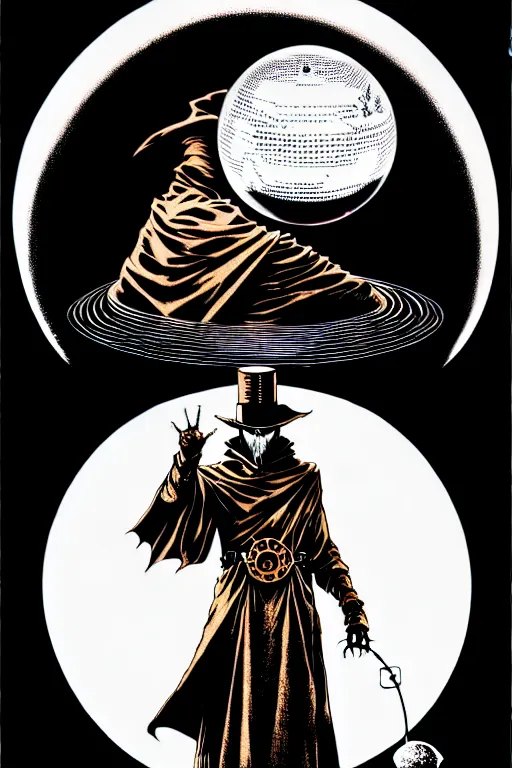 Image similar to cloaked steampunk wizard looking into a crystal ball, high details, intricately detailed, by vincent di fate, inking, 3 color screen print, masterpiece, trending on artstation,, sharp, details, hyper - detailed, hd, 4 k, 8 k