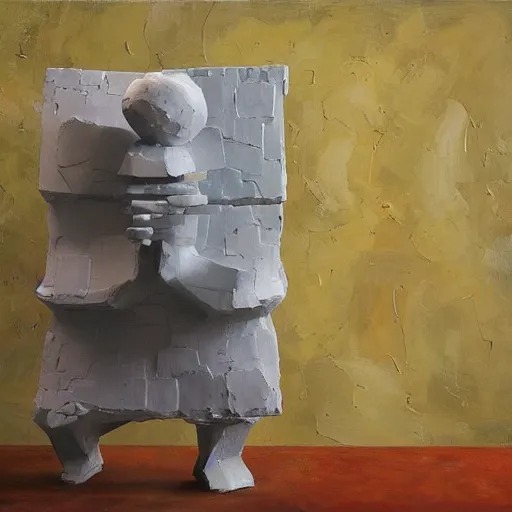 Prompt: an impasto painting by shaun tan of an abstract sculpture by the caretaker and jeff koons