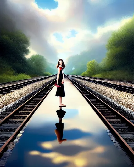 Image similar to shallow reflective water completely covers submerged train tracks as a girl walks along carrying her shoes, there is a train station in the distance and large white clouds on a wide horizon, intricate, elegant, highly detailed, digital photo, artstation, concept art, smooth, sharp focus, illustration, art by artgerm and greg rutkowski and fra angelico