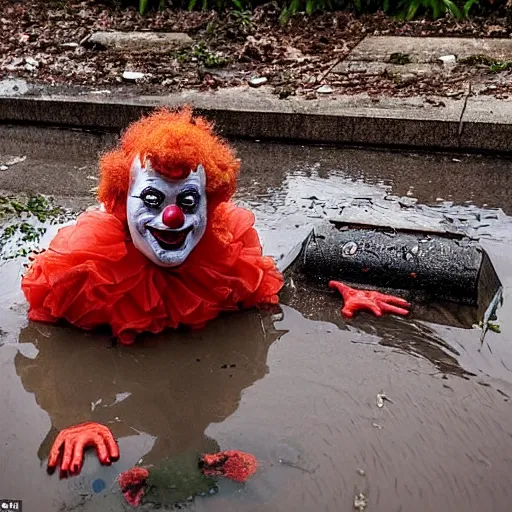 Image similar to horror image of clown from it trying to crawl out of a flooded sewer drain with trash and debris floating in dirty water, stephen king movie scene