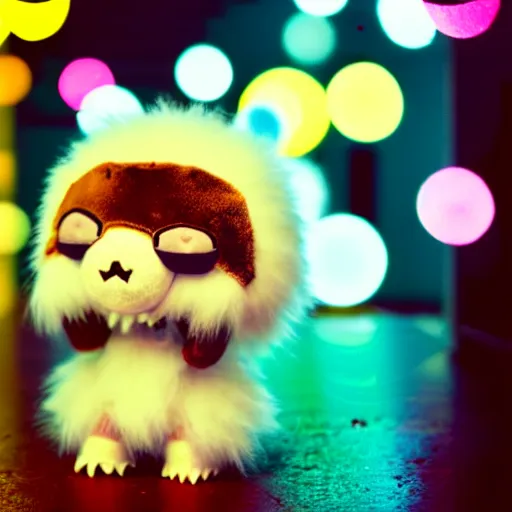 Prompt: lomography long shot of cute plush fluffy chthonic monster made to look like a baby, bokeh background, lsd colors