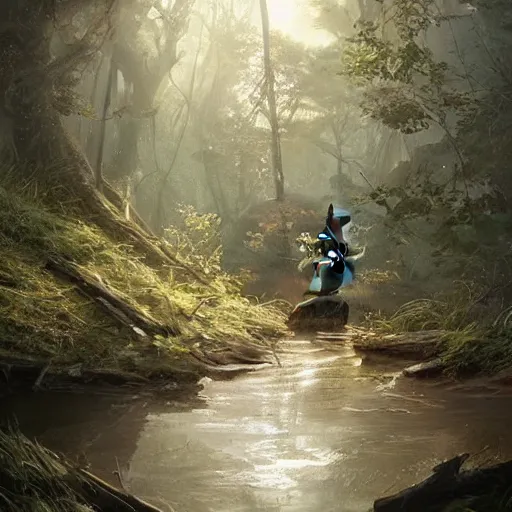 Image similar to a rabbit in the forest by a river, by stanley lau and greg rutkowski