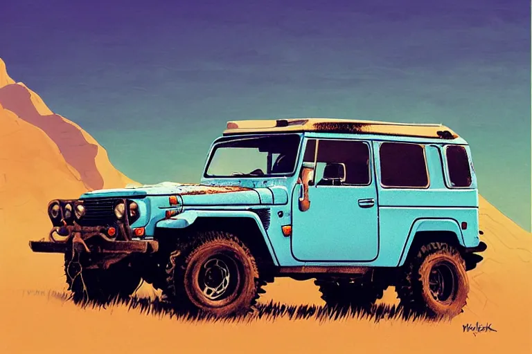 Image similar to digital illustration of a faded cyan mad max's fj 4 0 decrepit!!!! pursuit special, rusty!!! nissan fj cruiser heavily modded 1 9 9 0 s, the last v 8 interceptor by makoto shinkai, ilya kuvshinov, lois van baarle, rossdraws, basquiat