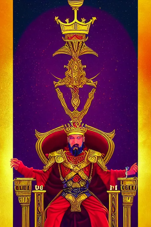 Prompt: the emperor tarot card art, the crowned embodiment of male power holding the symbol of his power sits on a lavish red throne ruling with wisdom and care, 8 k resolution digital painting, vibrant colors, in the style of alena aenami and michael whelan, behance hd, trending on artstation deviantart