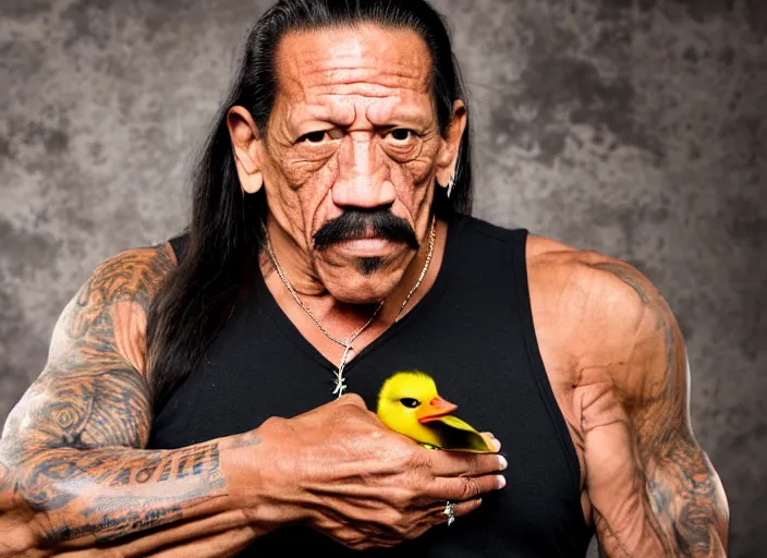 Image similar to photo still of danny trejo at the county fair!!!!!!!! at age 5 6 years old 5 6 years of age!!!!!!!! holding a baby duck he won, 8 k, 8 5 mm f 1. 8, studio lighting, rim light, right side key light