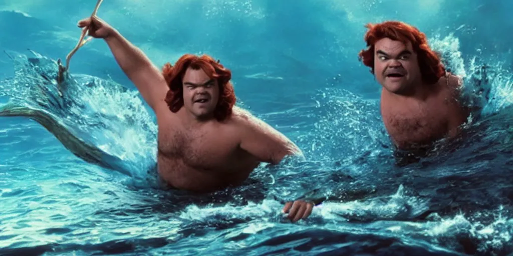 Image similar to a film still of Jack Black in little mermaid, high quality