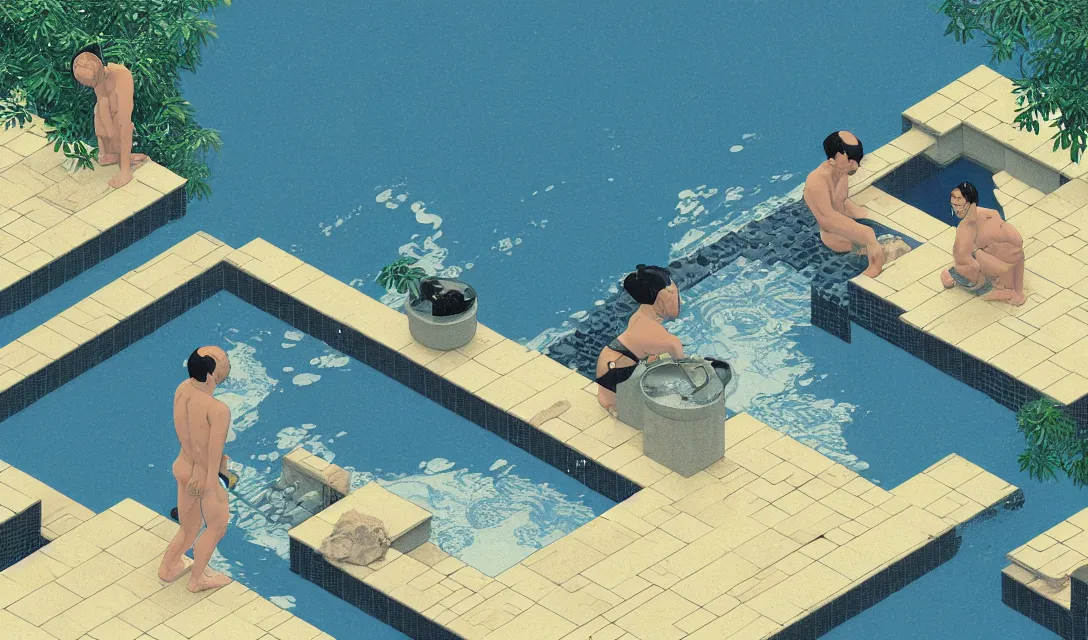 Image similar to Water plunge pool, using weighted vests, I watch the others go down, I don't want to do it myself, flat design, screen print by Kawase Hasui and dan hillier, 8k unreal engine