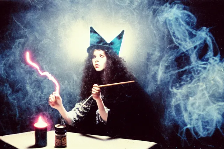 Image similar to extreme close up portrait, dramatic lighting, teen witch aggressively pointing a magic wand casting a spell over a table with pyrotechnics, cat on the table in front of her, sage smoke, magic wand, a witch hat cloak, apothecary shelves in the background 1 9 8 0's photo, polaroid, damaged film