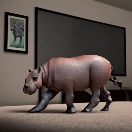 Prompt: a baby hippo pony live in a cozy house and watch tv in the family room. 3 d render.