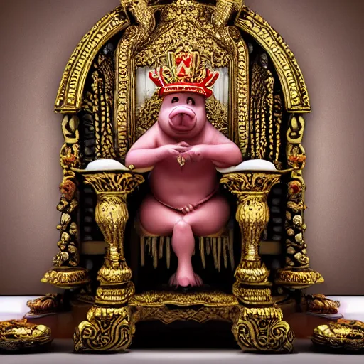 Prompt: isolated photo realistic of pig king on throne, realistic, award winning, cinematic