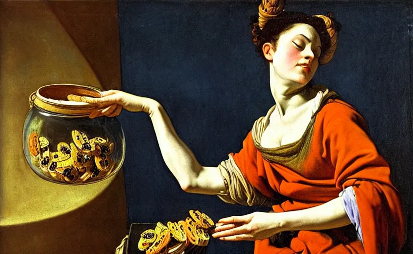 Prompt: a painting of pandora opening her jar, releasing insects and critters that impersonate sickness and death, misery, she is fully dressed she is wearing robes in the style of realism and a masterpiece by artemisia gentileschi