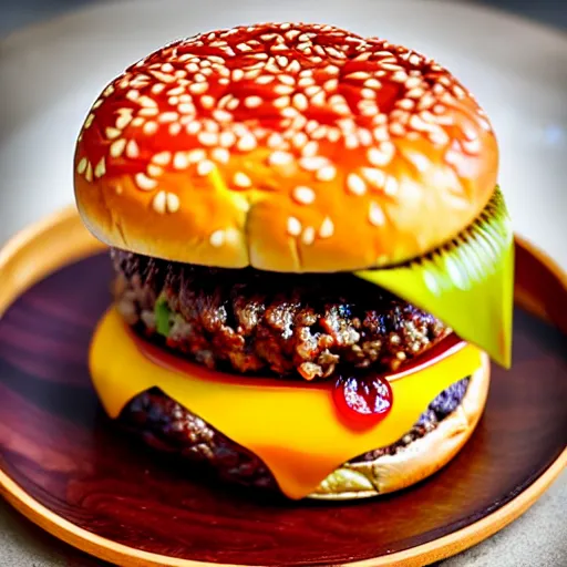 Image similar to The ultimate double cheeseburger, on a hand carved cherrywood plate. Perfect photography.