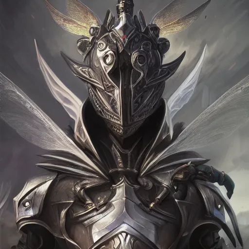 Image similar to portrait of humanoid mosquito resembling a knight in black armor with two dragonfly wings, league of legends splash art, hearthstone splash art, full body shot, rule of thirds, ultrafine hyperrealistic detailed face, artgerm, greg rutkowski, trending on artstation, 8 k, intricately detailed, highly detailed