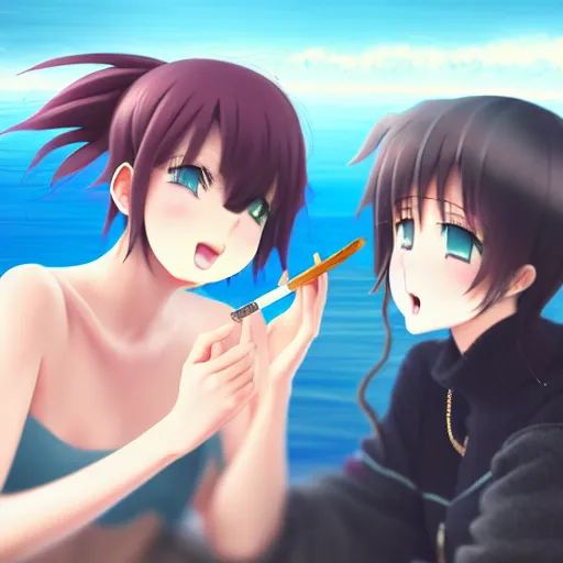 Image similar to two beautiful lesbian girls in love, smoking a weed joint with smoke, sitting in front of a lake, in the style of anime, close - up, highly detailed face, 4 k, artstation, intricate, elegant, highly detailed, lush, stylized, japanese, smooth