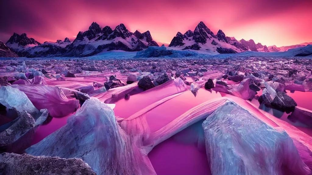 Image similar to amazing landscape photo of a pink glacier with lake in sunset by marc adamus, beautiful dramatic lighting