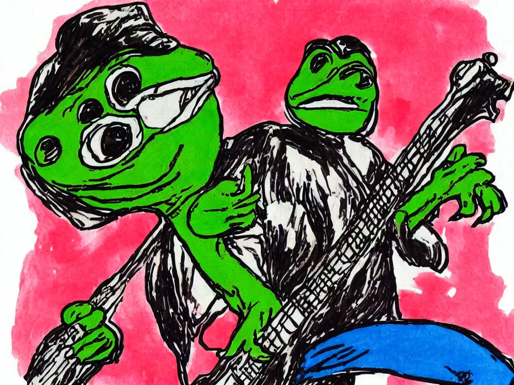 Image similar to children's illustration of pepe the frog as KISS band member in concert