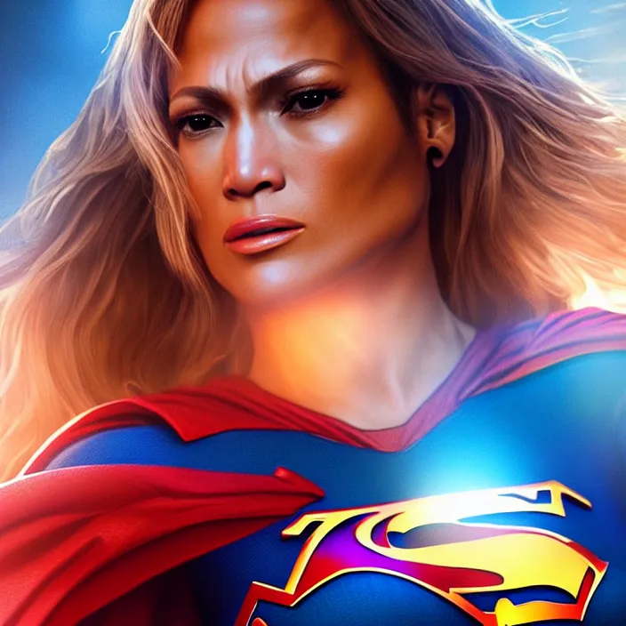 Image similar to jennifer lopez as supergirl. intricate abstract. intricate artwork. by tooth wu, wlop, beeple, dan mumford. octane render, trending on artstation, greg rutkowski very coherent symmetrical artwork. cinematic, hyper realism, high detail, octane render, 8 k, iridescent accents