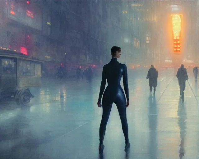 Image similar to 2 0 1 8 blade runner movie still girl look at the cityscape from roof perfect face fine realistic face pretty face reflective polymer suit tight neon puffy jacket blue futuristic sci - fi elegant by denis villeneuve tom anders zorn hans dragan bibin thoma greg rutkowski ismail inceoglu illustrated sand storm alphonse mucha