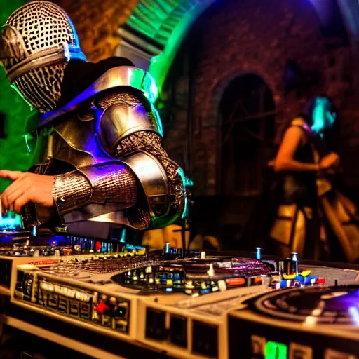 Prompt: photograph of a dubstep dj in holy cross knight armor djing during a medieval party, 8 k resolution, high detail