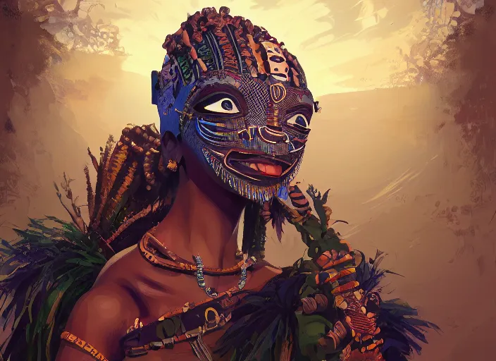 Image similar to highly detailed digital painitng of tribal afrikan voodoo kemetic mask, 2 d game fanart behance hd by jesper ejsing, by rhads, makoto shinkai and lois van baarle, ilya kuvshinov, rossdraws, global illumination, radiant light, detailed and intricate environment