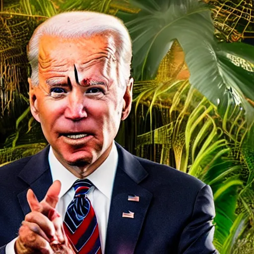 Image similar to 4 k portrait sony a 7 f 2. 8 wide angle of president joe biden as a taliban leader with a beard showering in a tropical jungle shower surrounded by secret agents