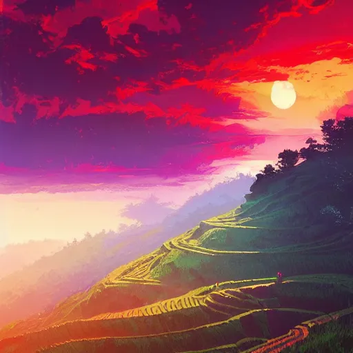 Image similar to beautiful scenery of rice terraces, by anato finnstark, by alena aenami, by john harris, by ross tran, by wlop, by andreas rocha