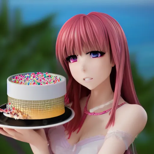 Image similar to Render of a beautiful 3d anime woman holding a birthday cake to show the camera, long light pink hair, full bangs, hazel eyes, cute freckles, full round face, smug smile, Chinese heritage, cute checkerboard sundress, golden hour, serene beach setting, medium shot, mid-shot, hyperdetailed, trending on Artstation, Unreal Engine 4k