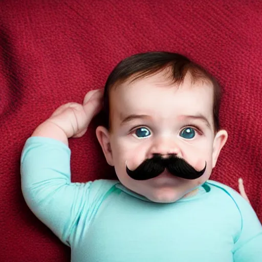 Prompt: baby with a very thick moustache laying on a blanket, photograph, dark moustache, tom selleck style moustache, sam elliot style moustache, grouch marx style moustache, depth of field, cute baby with moustache, olan mills, professional portrait photograph