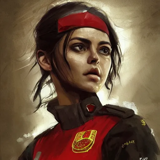 Image similar to portrait of a spanish communist paulina odena garcia, epic, tragic, military art, fantasy, hd shot, digital portrait, beautiful, artstation, comic style, by artgerm, guy denning, jakub rozalski, magali villeneuve and charlie bowater