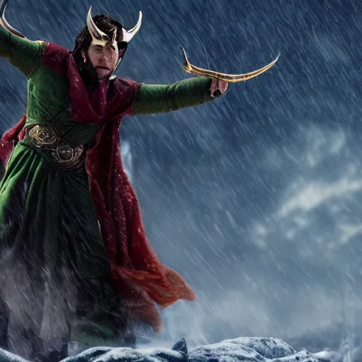 Image similar to the norse god king banishing loki from valhall, dramatic, highly detailed, cinematic, 4 k