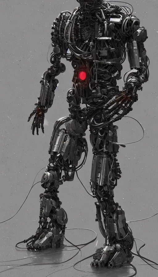 Prompt: Humanoid robot on its knees, futuristic, cyberpunk, cyborg, cables, wires, photorealistic, highly detailed, gritty texture, trending in Artstation, Craig Mullins