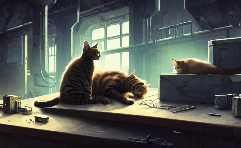 Prompt: a cat sleeping on a mechanics workbench in a spaceport, space opera and dystopian style, d & d, fantasy concept art, global illumination, interesting composition, volumetric lighting, art by enki bilial, highly detailed