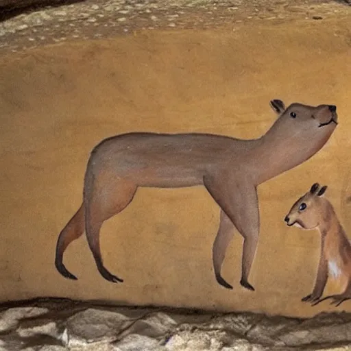 Prompt: a cave painting of a king capybara being worship