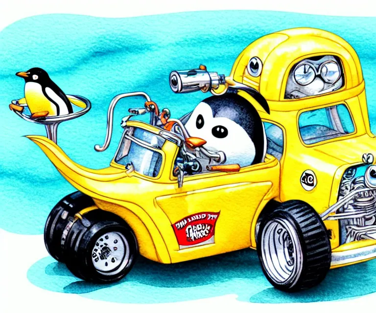 Image similar to cute and funny, penguin riding in a tiny hot rod with an oversized engine, ratfink style by ed roth, centered award winning watercolor pen illustration, isometric illustration by chihiro iwasaki, edited by range murata, tiny details by artgerm and watercolor girl, symmetrically isometrically centered, sharply focused