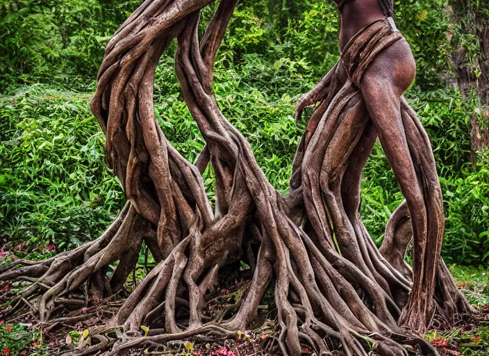 Image similar to dslr esculpture made from roots interwovem in the shape of a woman, 8 5 mm f 1. 8