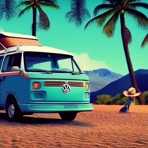 Image similar to a man wearing a hawaiian shirt standing by a volkswagen camper on a desert highway, digital painting, masterpiece, digital art, concept art, octane render, unreal engine 5, trending on deviantart, highly detailed, high quality, 4 k, realistic and detailed face, cinematic, high coherence, soft lighting, path traced, elegant, long black hair, cowboy hat,