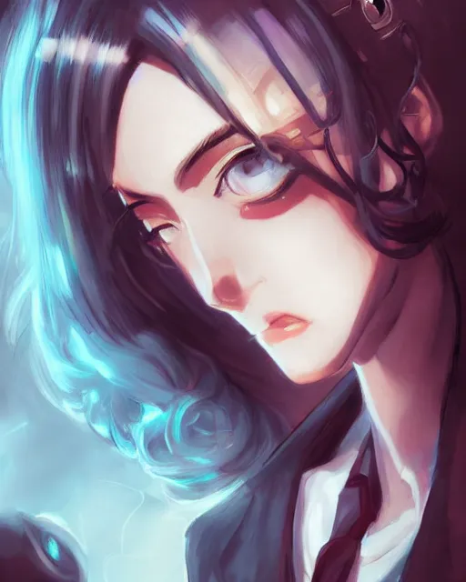 Image similar to portrait Anime 1940s Detective smoking, cyberpunk, high detail of the face, high detail, high modernization, artgerm, realistic shaded lighting