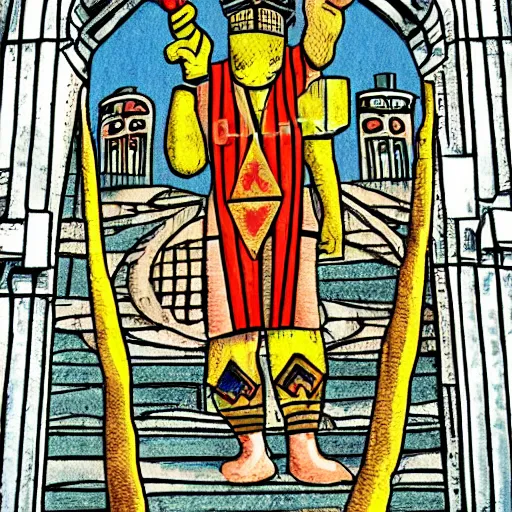 Image similar to man holding scales, tower, ring, archway, gate, geometric, tarot card style, intricate, full color