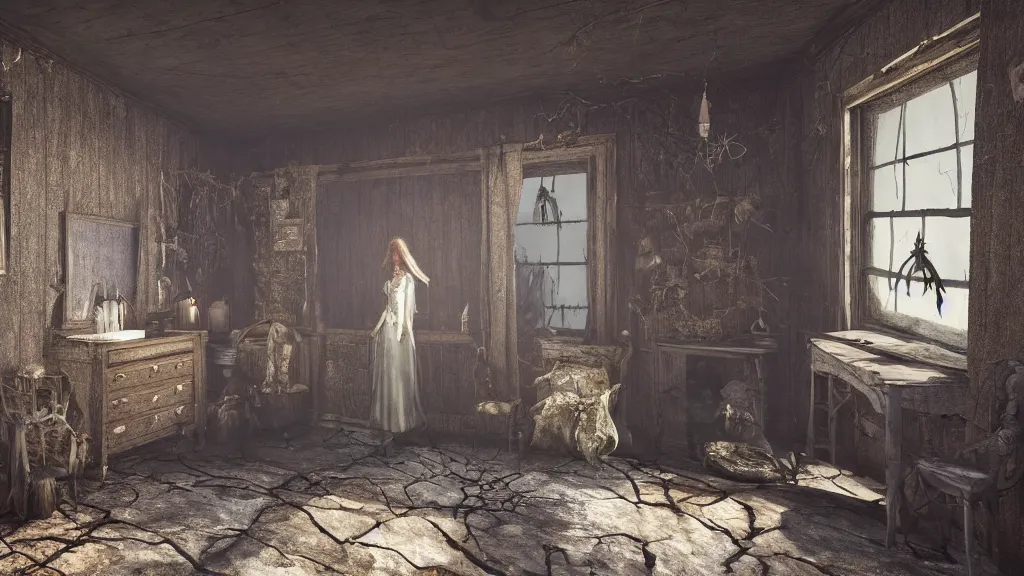 Image similar to A scary witch in the shadows of a dark decrepit cottage, highly detailed interior, hyperrealistic, Lumion 8k UHD