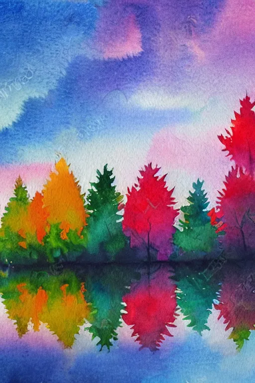 Prompt: beautiful colorful watercolor painting of trees reflecting on the lake