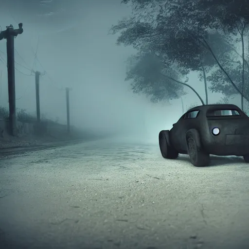 Image similar to emancipation of reality, fallout concept car in a foggy environment, daylight, wastelands