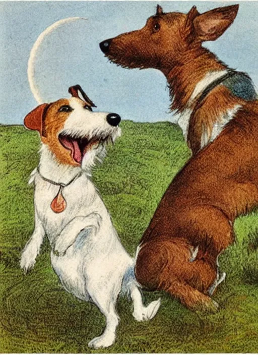 Image similar to candid portrait of a jack russel terrier howling up at the yellow moon, illustrated by peggy fortnum and beatrix potter and sir john tenniel