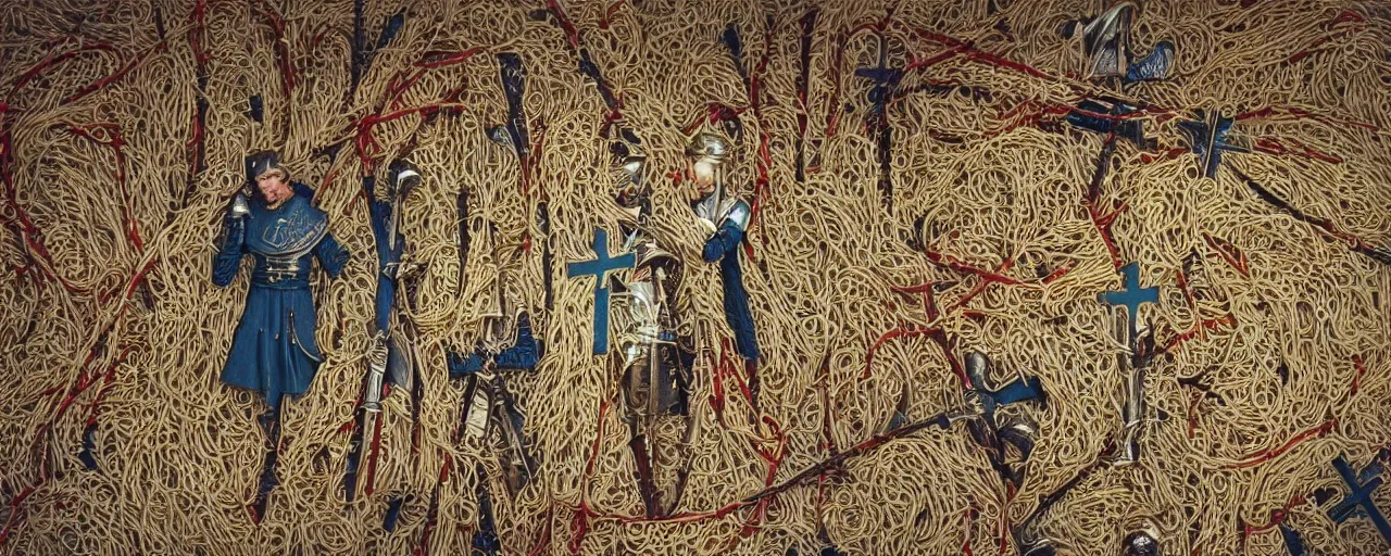 Image similar to knights in the crusades wearing a cross made of spaghetti, kodachrome, in the style of wes anderson,