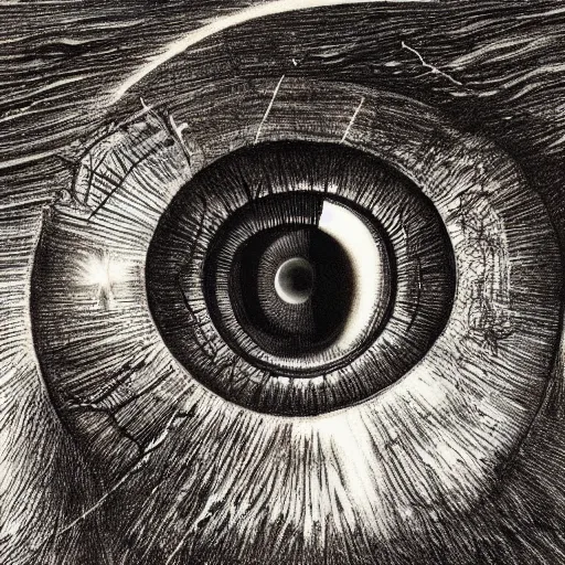 Image similar to sauron's eye watching over an haunted mountain, the sky is covered by meteors falling down, art by leonardo da vinci, by hr giger, 4 k, hyper detailed, hyperrealism, esoteric painting, no artifacts