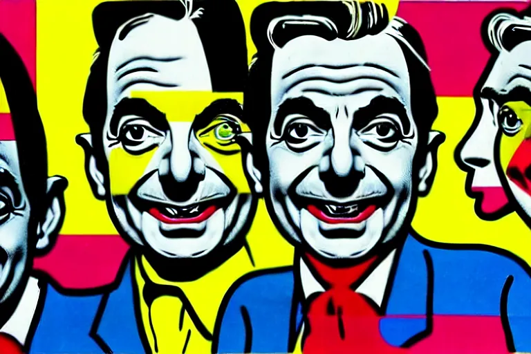 Prompt: portrait cute mr bean grey goblins by roy lichtenstein, by andy warhol, ben - day dots, pop art, bladerunner, pixiv contest winner, cyberpunk style, vivid color scheme, hd, intricate detail, fine detail, 8 k