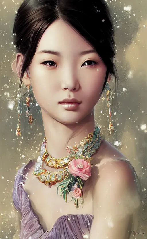 Image similar to a beautiful young charming asian goddess with sundress + jewelry + shinny eyes | | winter, symmetric, realistic shaded, unpleasant face, good looking, fine details, dior, lv, realistic shaded lighting poster by greg rutkowski, macoto takahashi, magali villeneuve, artgerm, jeremy lipkin and michael garmash